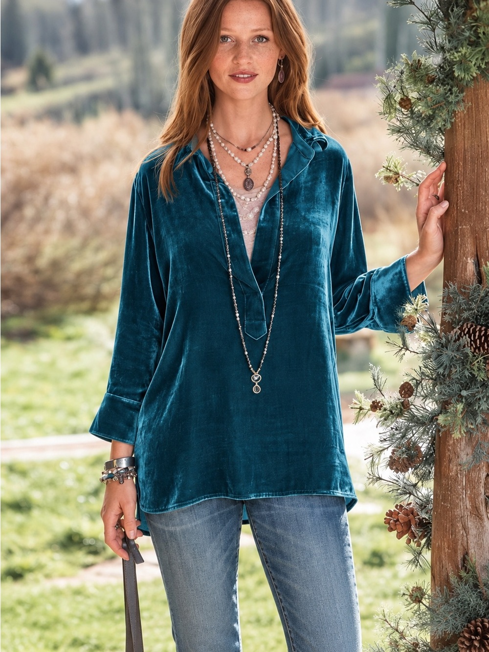 Sundance Silk Velvet Tunic Top in Teal Green NWOT